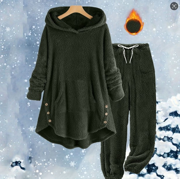 Women's Solid Color Plush Hooded Long Sleeve Suits