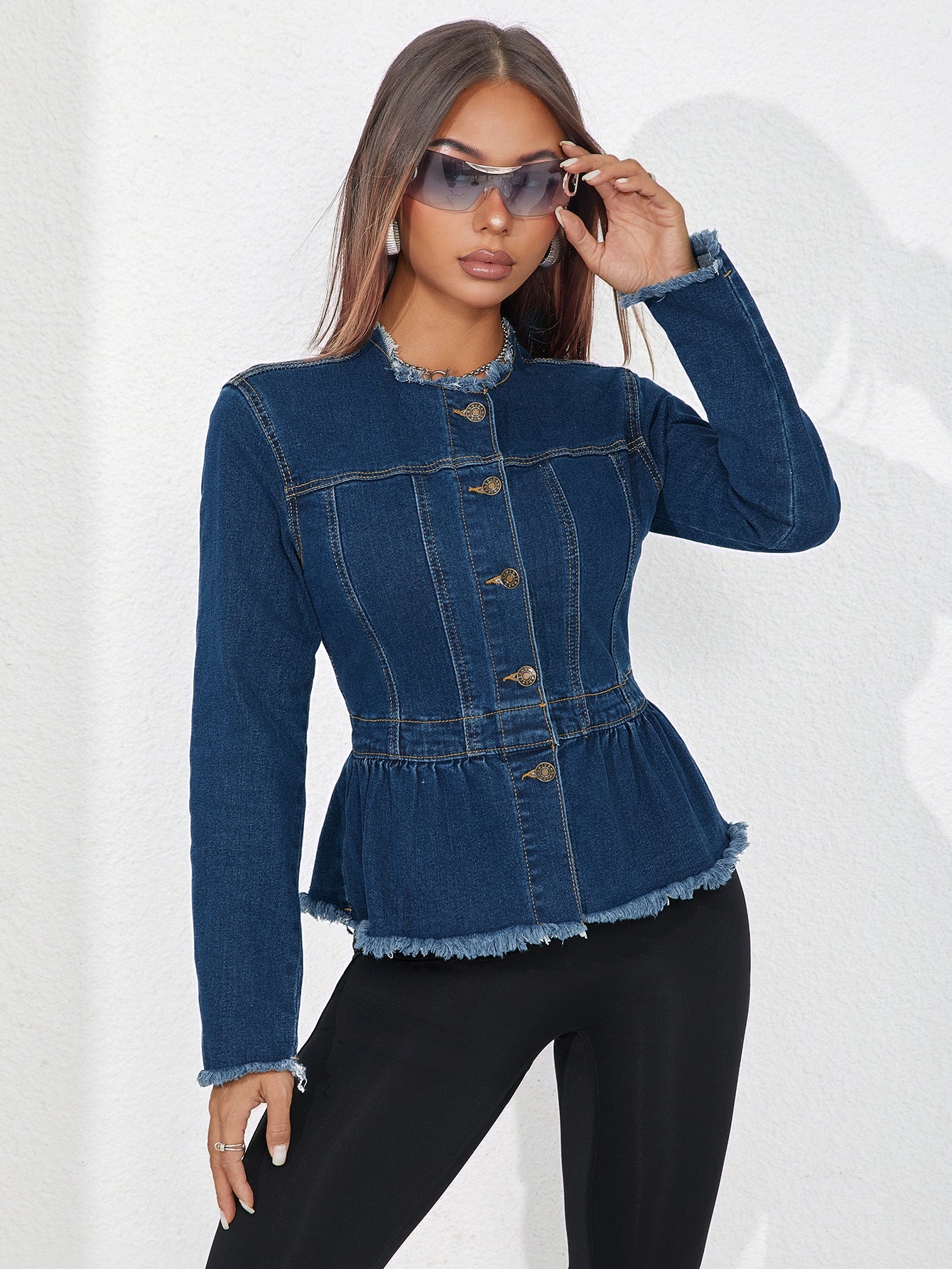 Women's Style Collarless Denim Umbrella-shaped Frayed Hem Jackets
