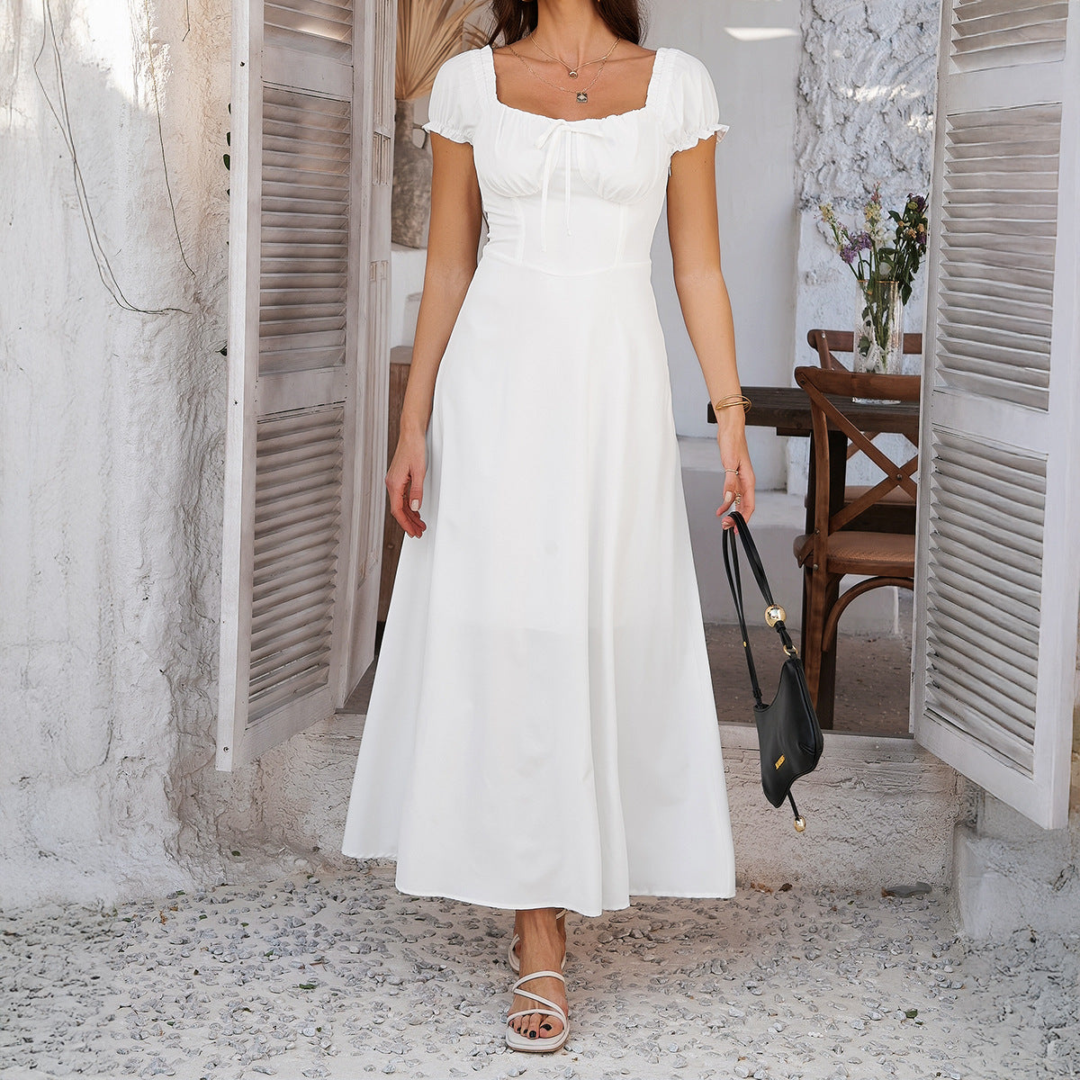 Women's Pure Color Tied Pleating Puff Sleeve Dresses