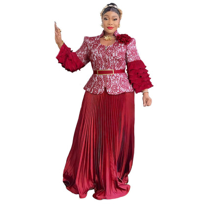 Women's African Wear Pleated Lace Printed Dress Banquet Dresses