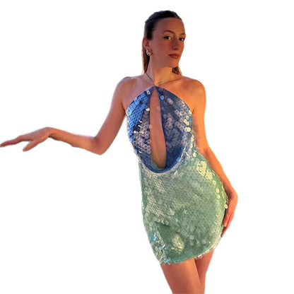 Women's Summer Sexy Cutout Backless Halter Sequin Dresses