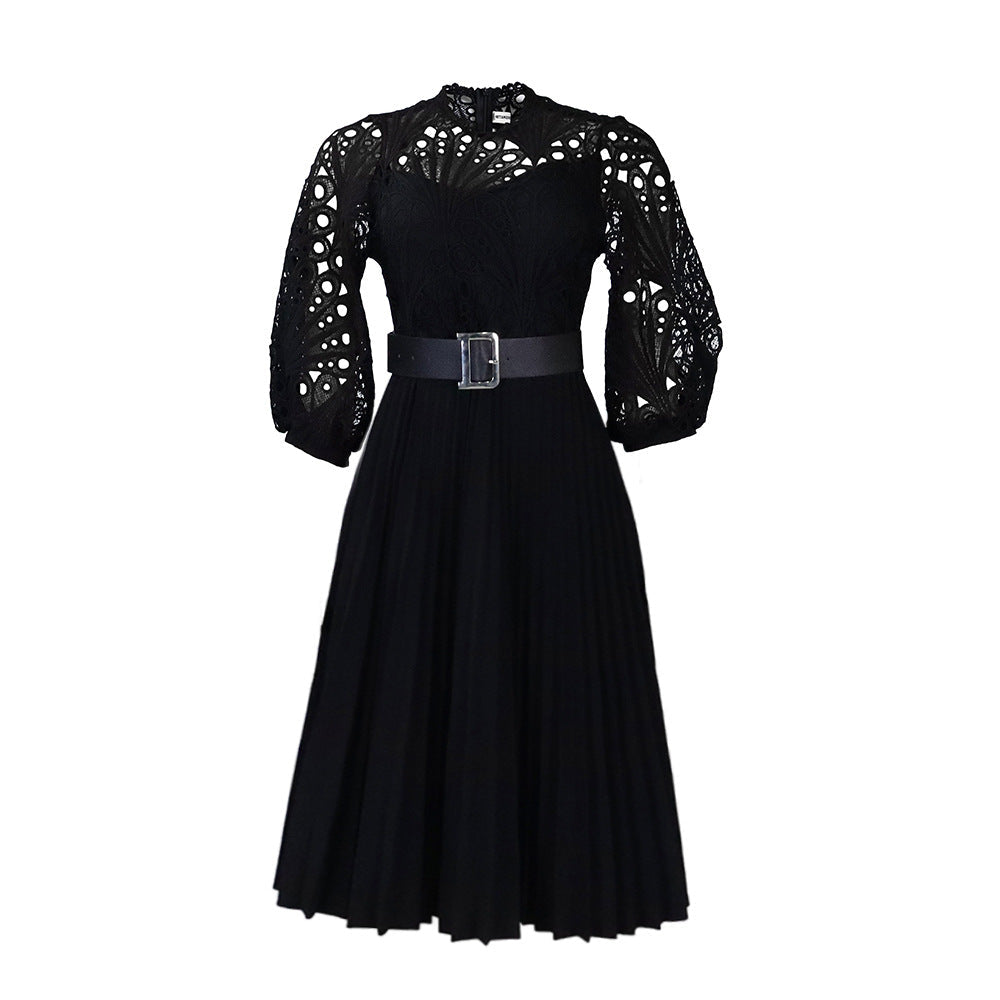 Women's Lace Crochet Sexy Cutout Pleated Stitching Dresses