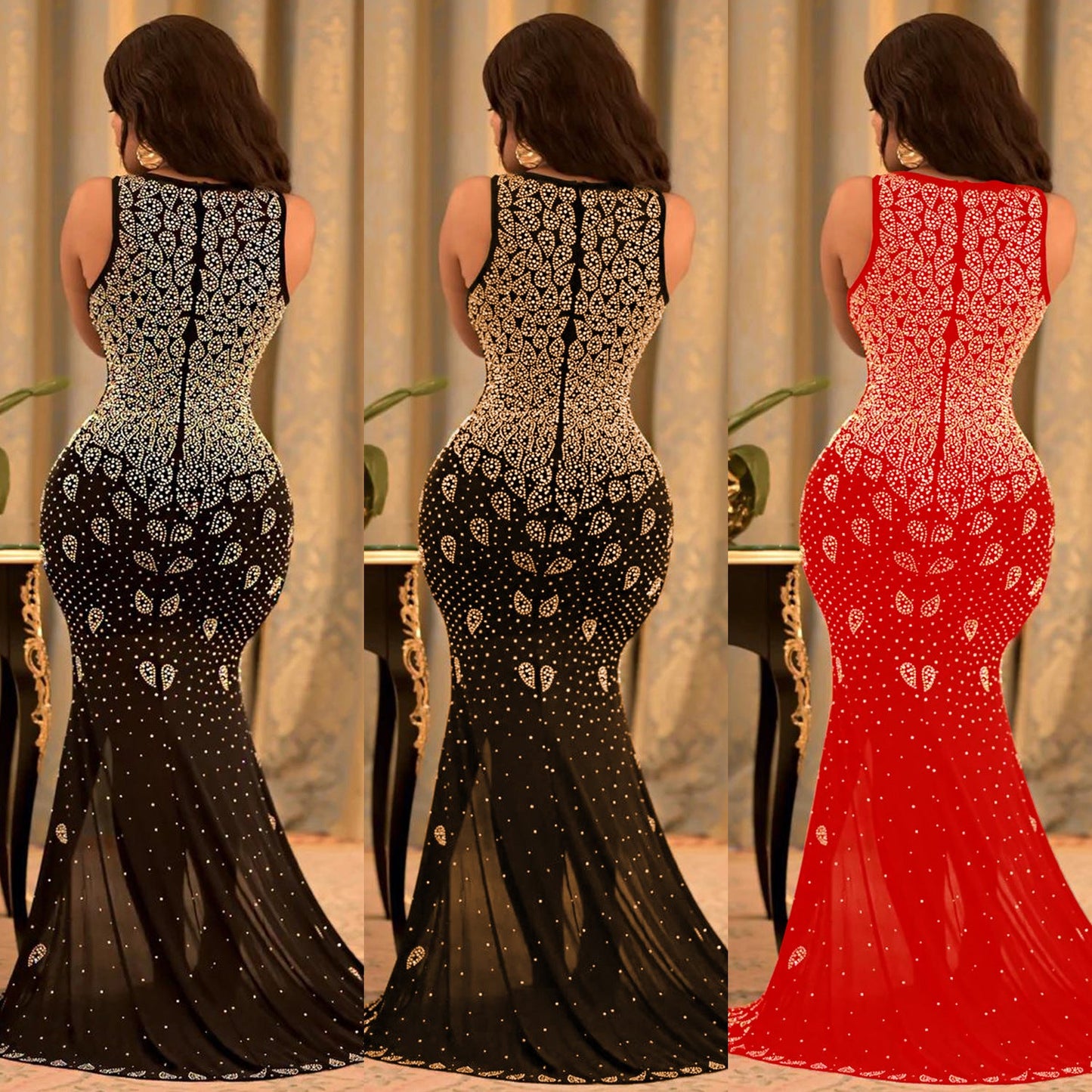 Women's Sexy Skinny Mesh Nightclub Party Rhinestone Dresses