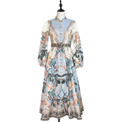Sleeve Big Hem Positioning Printed Single Row Flower Beads Dresses