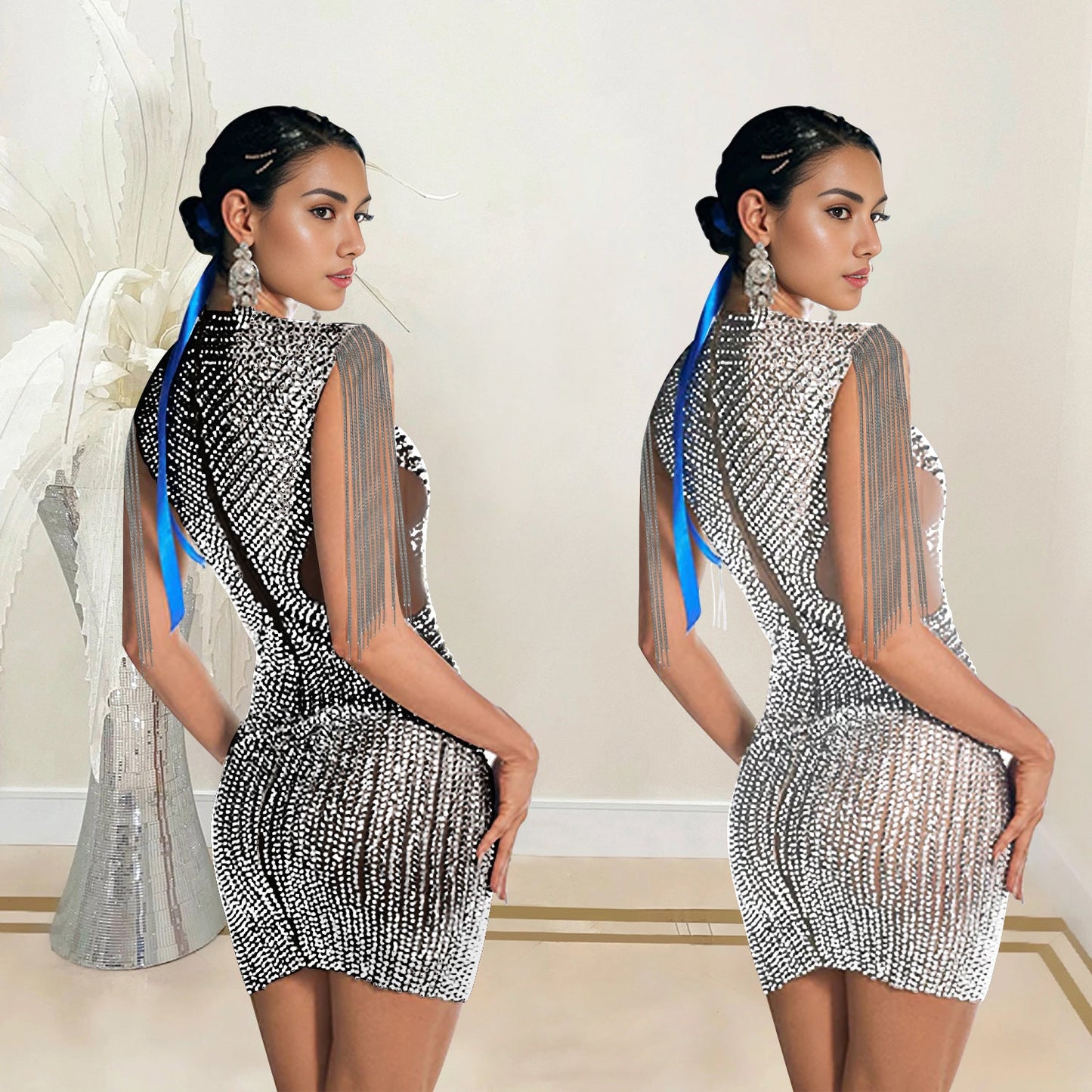 Women's Fashion Wear Tassel Rhinestone Sleeveless Dress Dresses