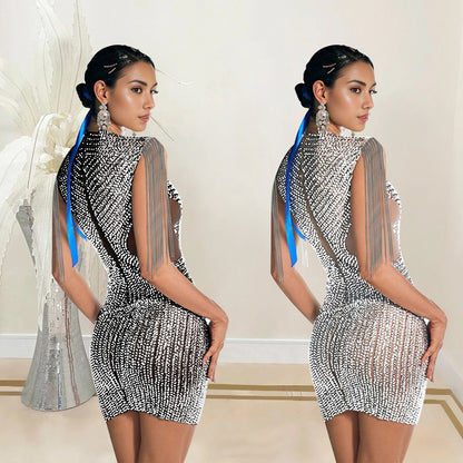 Women's Fashion Wear Tassel Rhinestone Sleeveless Dress Dresses