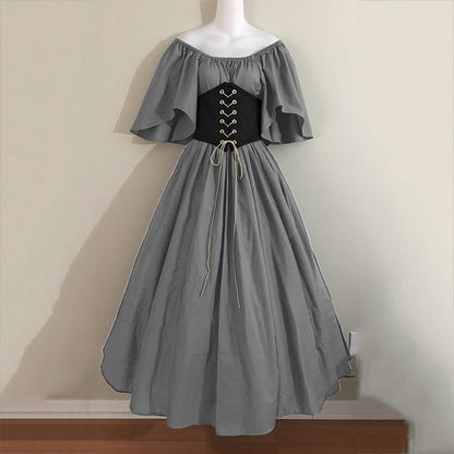 Women's Retro Color Contrast Patchwork Flying Sleeves Cinched Dresses