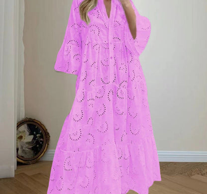 Women's Elegant Puff Sleeve Solid Color Hollow Loose Dresses