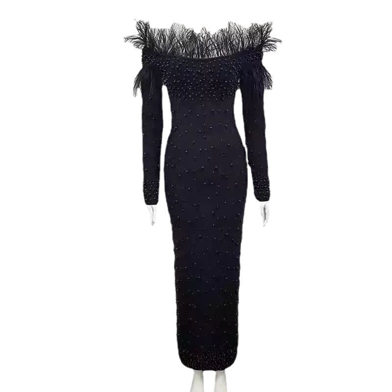 Women's One-word Dress Elegant Bubble Feather Beaded Dresses
