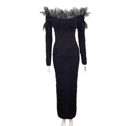 Women's One-word Dress Elegant Bubble Feather Beaded Dresses