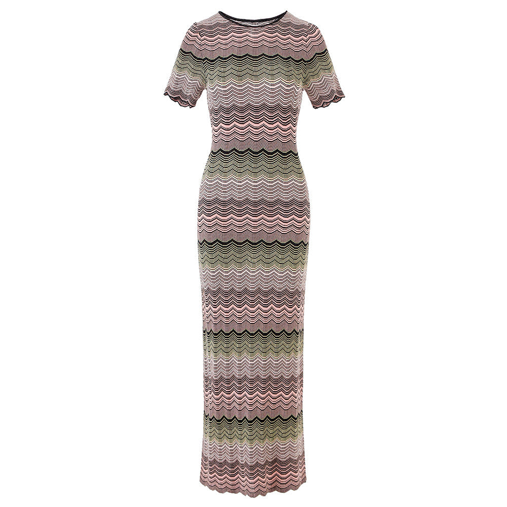 Gradient Color Stitching High Elastic Sleeve Knitted Dresses