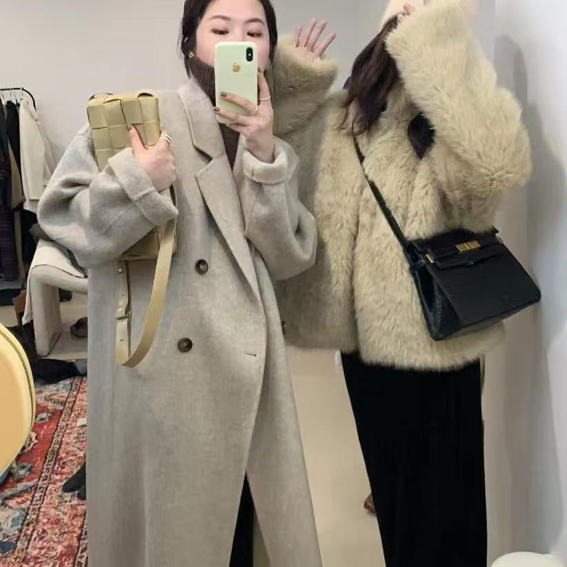 Women's Gray Korean Loose Mid-length Woolen Design Coats