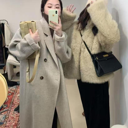 Women's Gray Korean Loose Mid-length Woolen Design Coats
