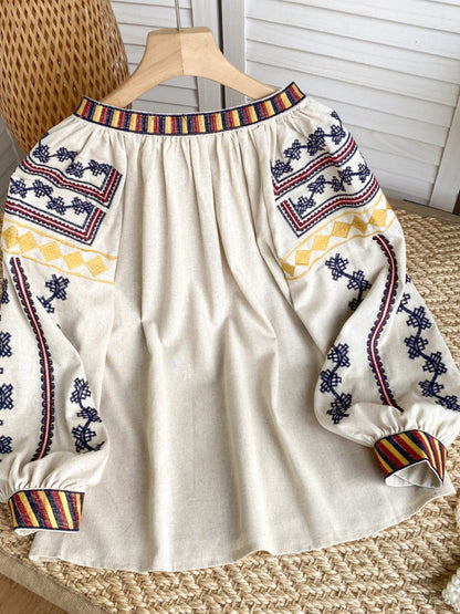 Women's Retro Embroidered Shirt Bohemian Vacation Style Tops