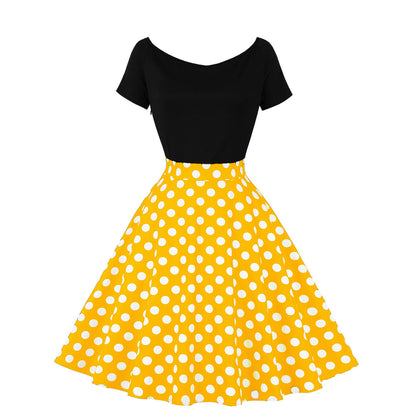 Sleeve Stitching Contrast Color Retro Polka Dresses