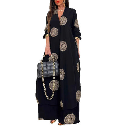 Women's Loose Long Printed Robe Two-piece Set Tops