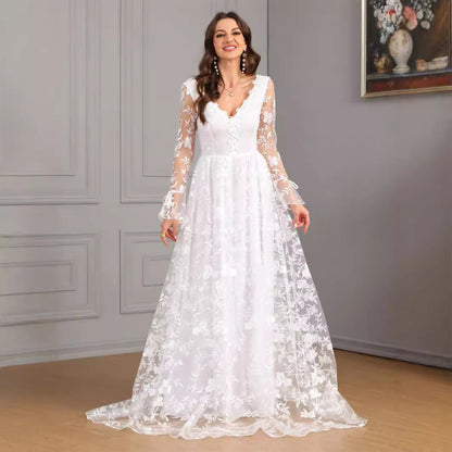 Women's Long Sleeve Swing Trailing Lace Dress Wedding Dresses
