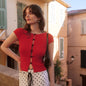 Red Short-sleeved Drop-shaped Hollow Bow French Blouses