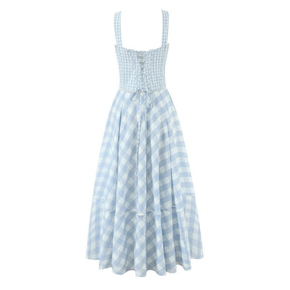 Women's Dignified Hollow Stitched Backless Large Swing Waist Trimming Spaghetti Dresses