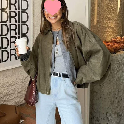 Women's Lapel Color Casual Suede Pilot Texture Jackets