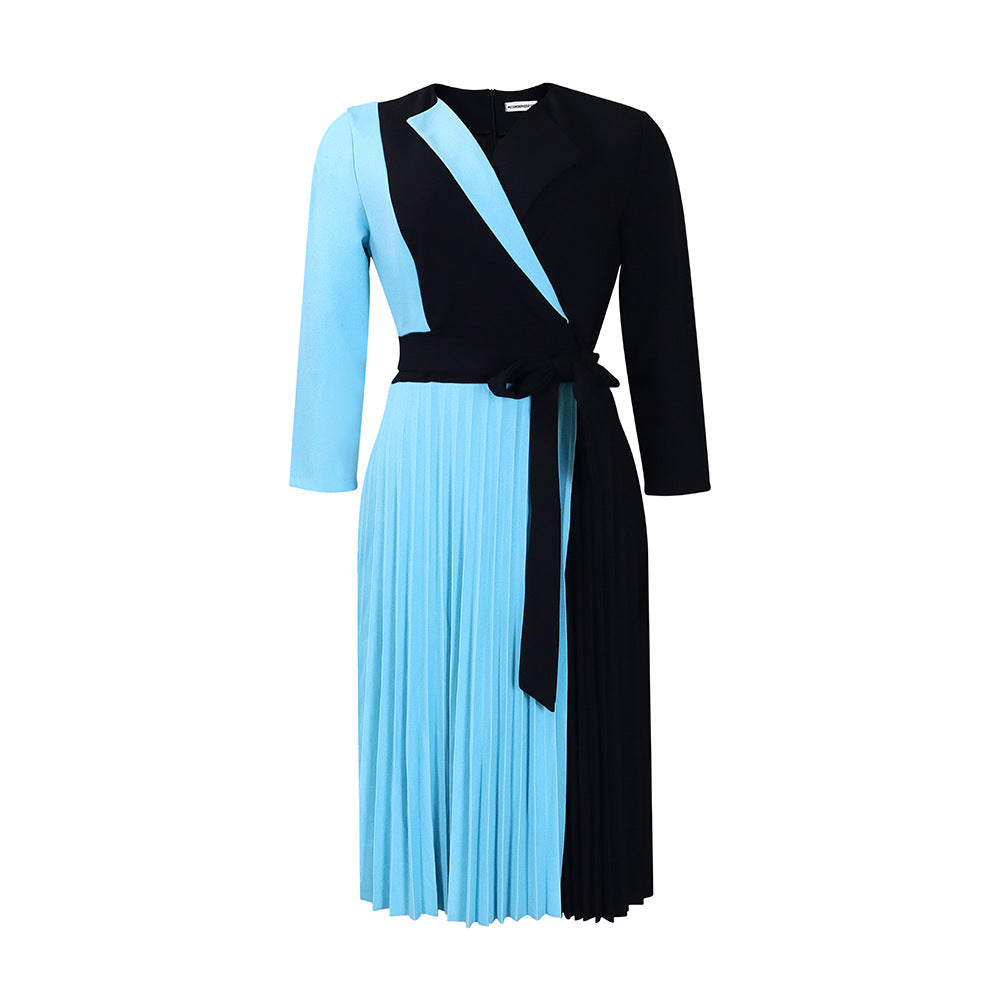 Women's Fashion Temperament Color Matching Bandage Pleated Dresses