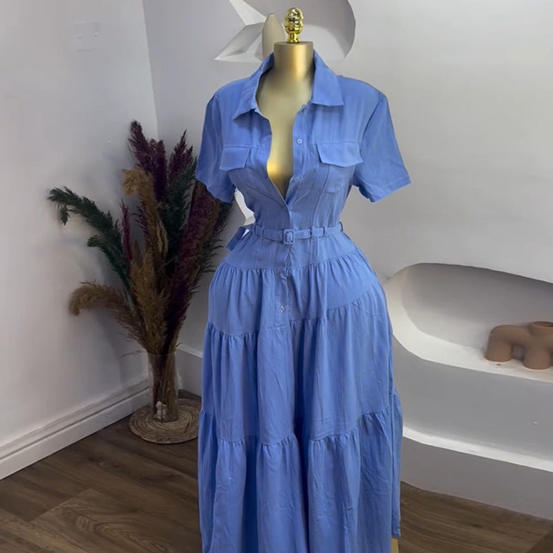 Women's Summer Fashion Polo Collar Sleeve Breasted Belt A- Dresses