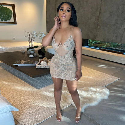 Women's Sexy Mesh Rhinestone Night Club Slip Dresses
