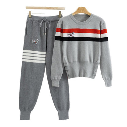 Women's Striped Puppy Waffle Waist Trimming Knitted Suits