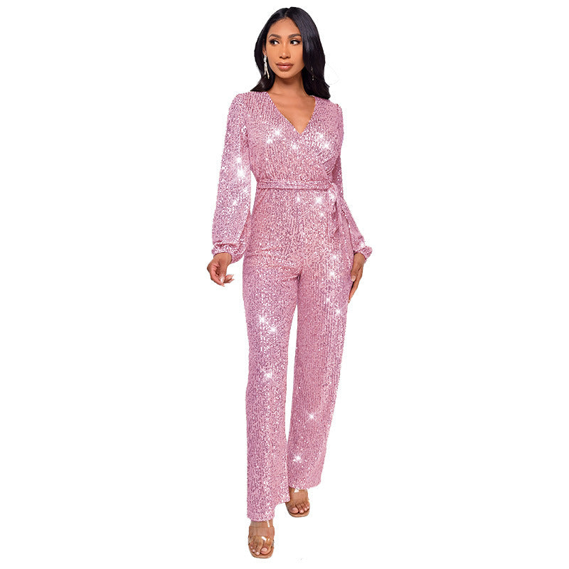 Women's Deep V Fashion Casual Long Sleeve Jumpsuits