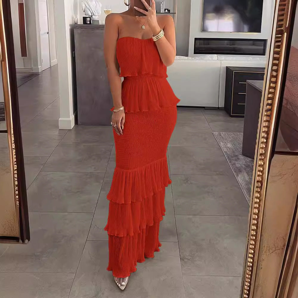 Goddess Tube Smocking Pleated Slim Fit Dresses