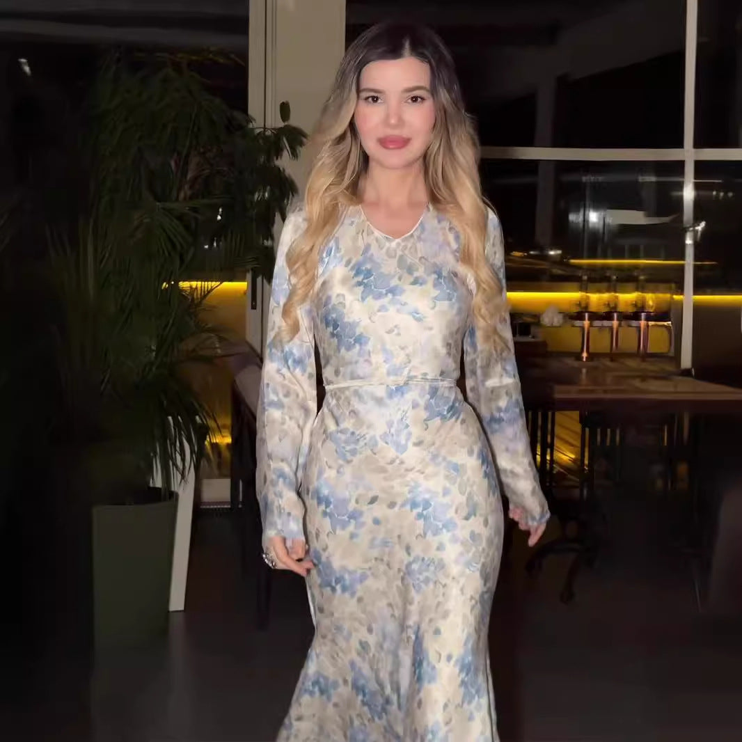 Spring Gentle Satin Printed Lady Style Dresses