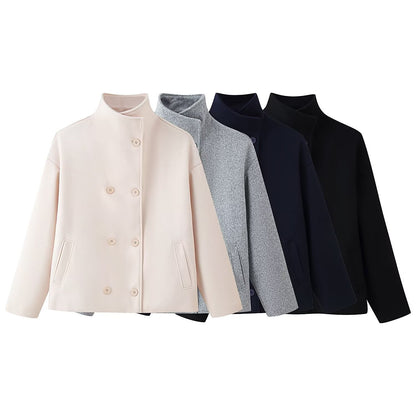 Women's Double-breasted Solid Color Woolen Fabric Lapel Coats