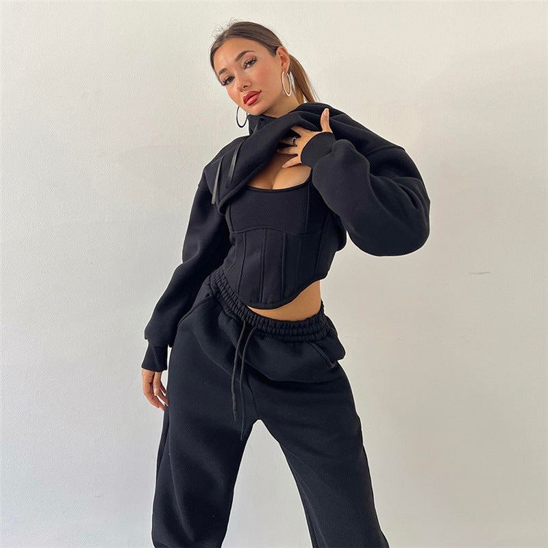 Fashion Casual Hooded Drawstring Fishbone Cinched Suits