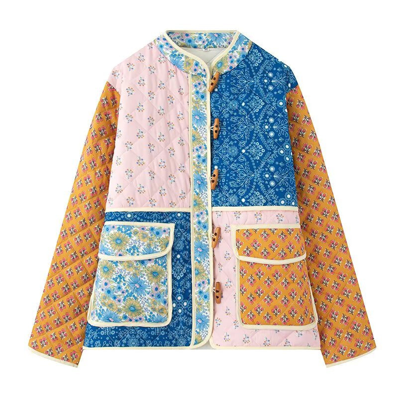 Women's Thickening Print Block Horn Button Printed Coats
