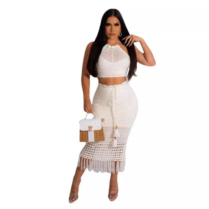 Women's Tassel Fishnet Knit Casual Two-piece Set Suits