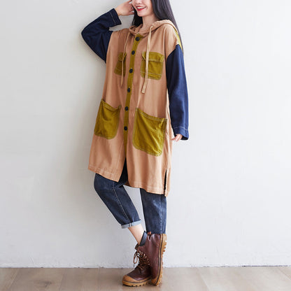 Personality Mid-length Hooded Loose Large Contrast Coats