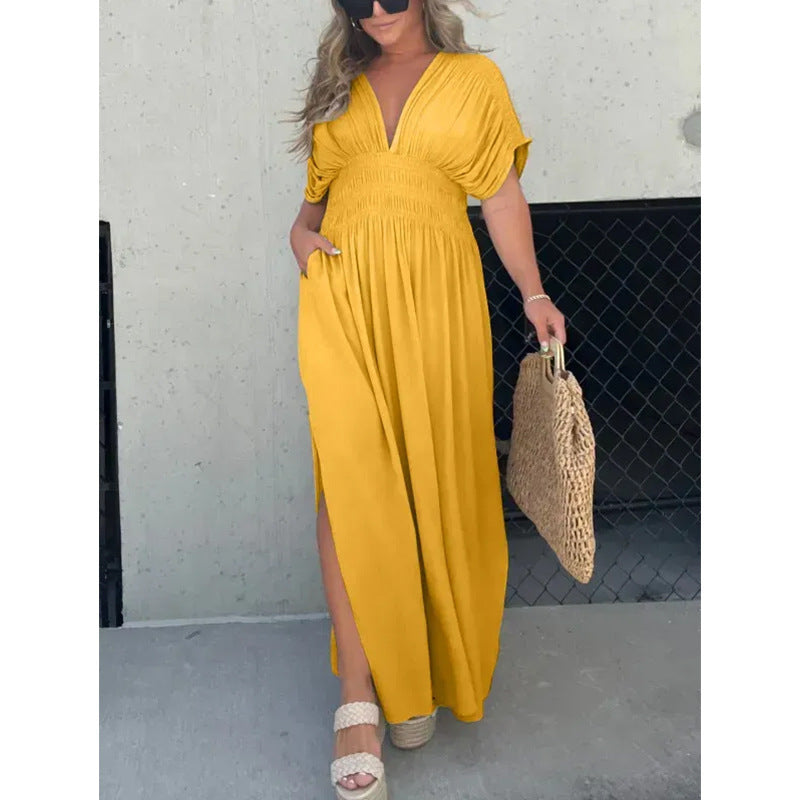 Solid Color Bat Sleeve Elastic Waisted Slimming Dresses