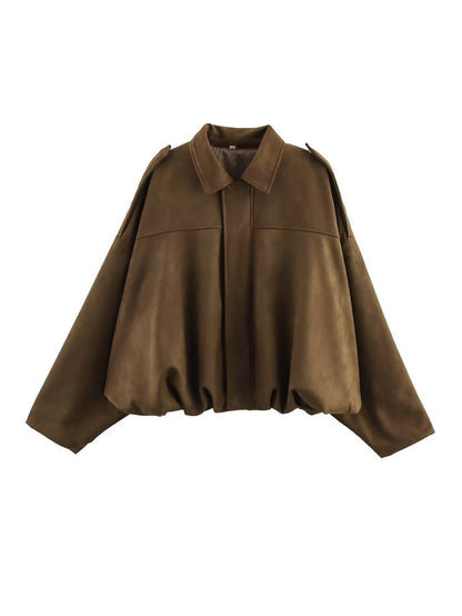 Women's Suede Texture Lapel Loose Bomber Jackets
