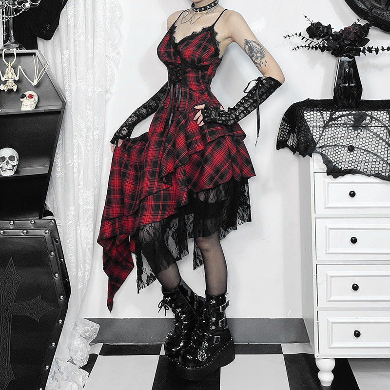 Women's Camisole Dark Irregular Stitching Hem Plaid Dresses