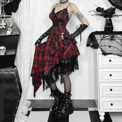 Women's Camisole Dark Irregular Stitching Hem Plaid Dresses