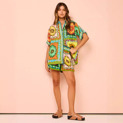 Loose Casual Fashionable Printed Daisy Linen Suits