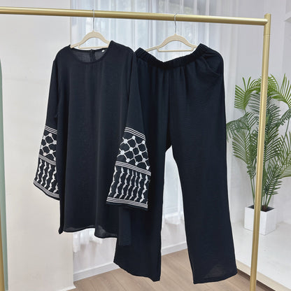 Graceful Turkish Embroidered Wide Leg Two-piece Suits
