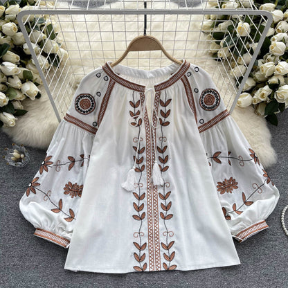 Women's Ethnic Style Design Sense Tassel Long Sleeve Loose Round Blouses