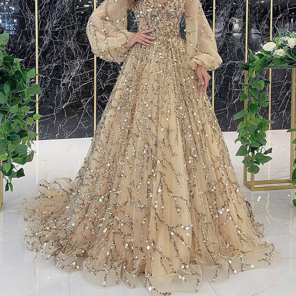 Gold Beaded Luxury Dress Sexy Aura Evening Dresses