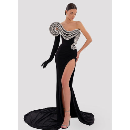 Rhinestone Design High Slit Sleeveless Black Dress Dinner Dresses