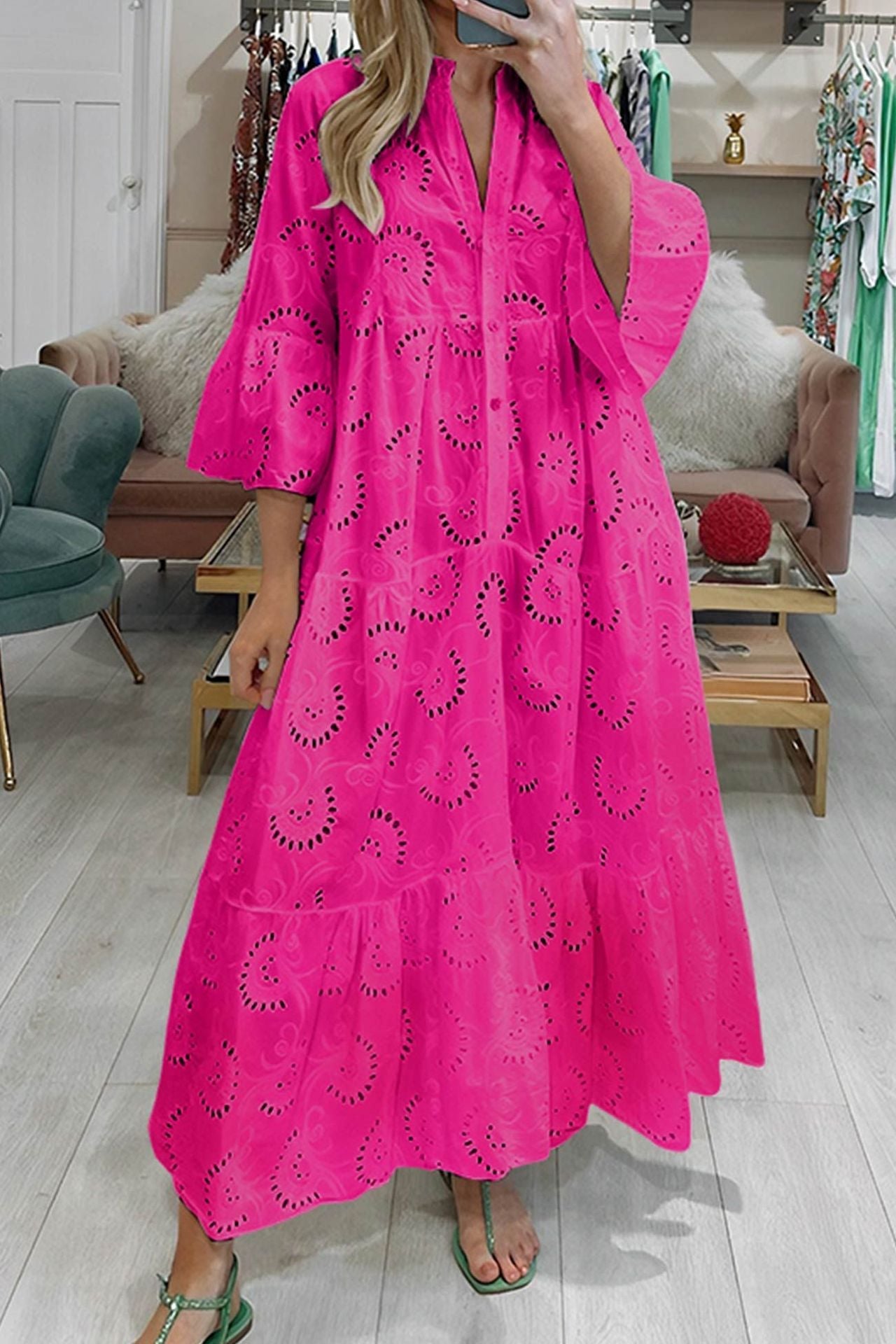 Women's Elegant Puff Sleeve Solid Color Hollow Loose Dresses
