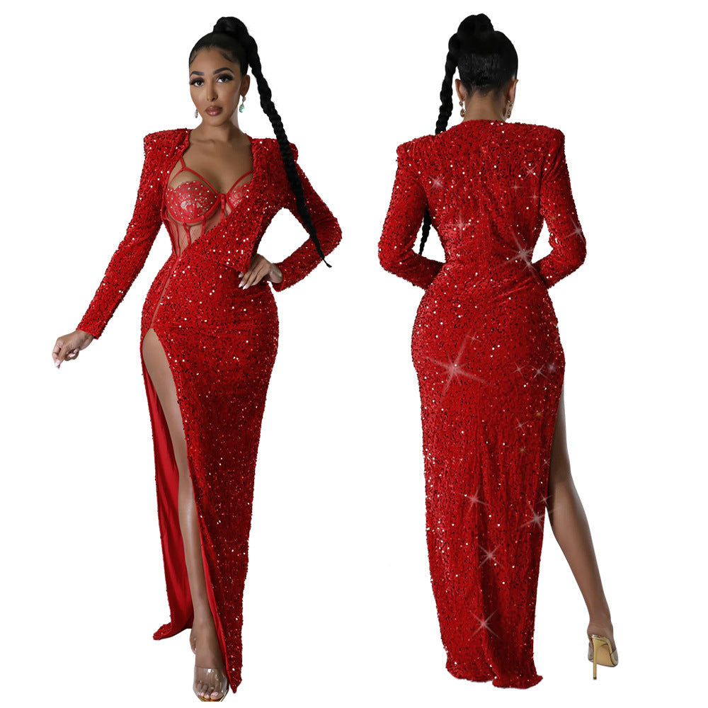 Women's Color Sequins Sexy Slit Maxi Dress Suits