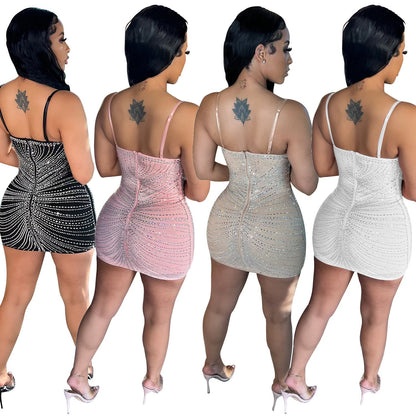 Women's Sexy Mesh Rhinestone Night Club Slip Dresses