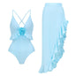 Women Swimsuit Solid Color Bow Decoration One Piece Swimsuit Set