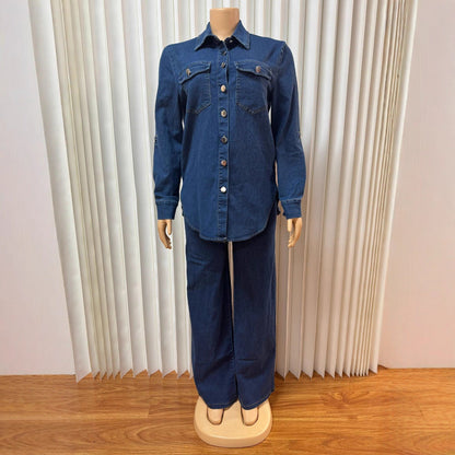 Women's Charming Lapel Pocket Long-sleeved Trousers Tops